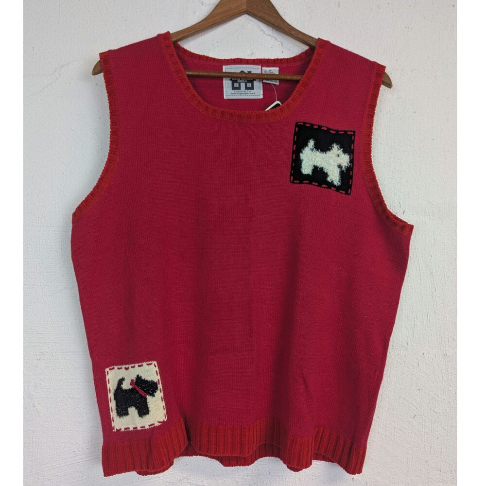 Vtg Storybook Knits Sweater Vest Red Scottie Dog Westie Embellished Womens 1X